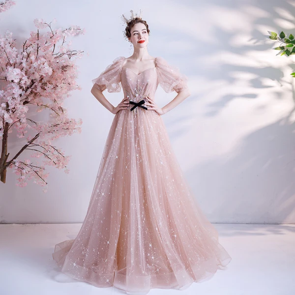 Victorian Style Pearl Pink Star Prom Dresses 2021 A-Line / Princess Square Neckline Puffy 1/2 Sleeves Beading Glitter Tulle Sweep Train Ruffle Backless Formal Dresses