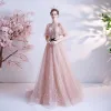 Victorian Style Pearl Pink Star Prom Dresses 2021 A-Line / Princess Square Neckline Puffy 1/2 Sleeves Beading Glitter Tulle Sweep Train Ruffle Backless Formal Dresses