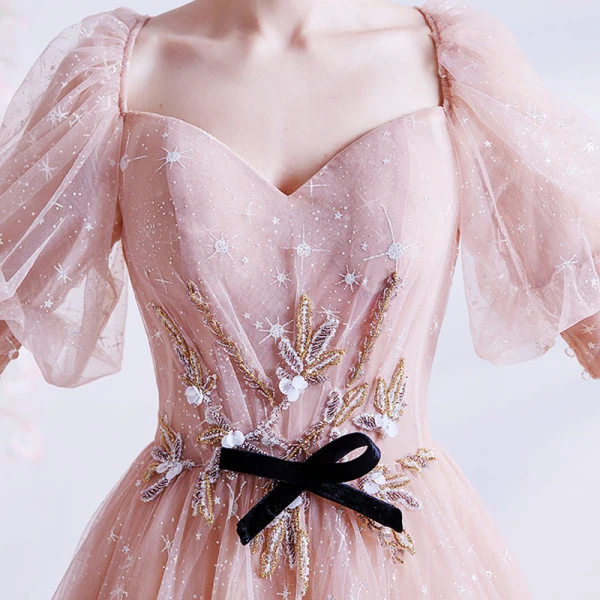 Victorian Style Pearl Pink Star Prom Dresses 2021 A-Line / Princess Square Neckline Puffy 1/2 Sleeves Beading Glitter Tulle Sweep Train Ruffle Backless Formal Dresses