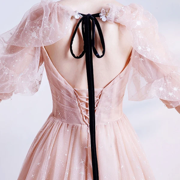 Victorian Style Pearl Pink Star Prom Dresses 2021 A-Line / Princess Square Neckline Puffy 1/2 Sleeves Beading Glitter Tulle Sweep Train Ruffle Backless Formal Dresses