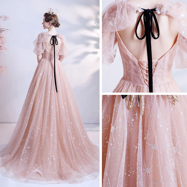 Victorian Style Pearl Pink Star Prom Dresses 2021 A-Line / Princess Square Neckline Puffy 1/2 Sleeves Beading Glitter Tulle Sweep Train Ruffle Backless Formal Dresses