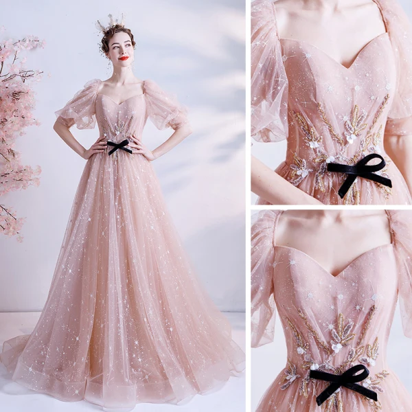 Victorian Style Pearl Pink Star Prom Dresses 2021 A-Line / Princess Square Neckline Puffy 1/2 Sleeves Beading Glitter Tulle Sweep Train Ruffle Backless Formal Dresses