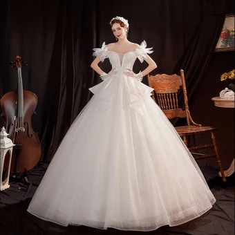 Affordable Ivory Outdoor Garden Wedding Dresses 2021 Ball Gown Off The Shoulder Short Sleeve Backless Appliques Lace Beading Glitter Tulle Floor Length Long Ruffle