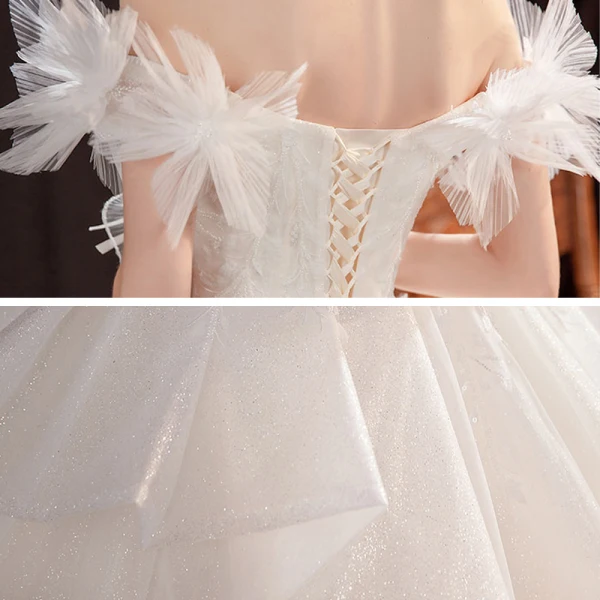 Affordable Ivory Outdoor / Garden Wedding Dresses 2021 Ball Gown Off-The-Shoulder Short Sleeve Backless Appliques Lace Beading Glitter Tulle Floor-Length / Long Ruffle