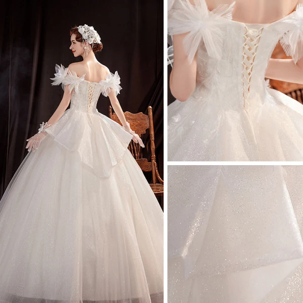 Affordable Ivory Outdoor / Garden Wedding Dresses 2021 Ball Gown Off-The-Shoulder Short Sleeve Backless Appliques Lace Beading Glitter Tulle Floor-Length / Long Ruffle