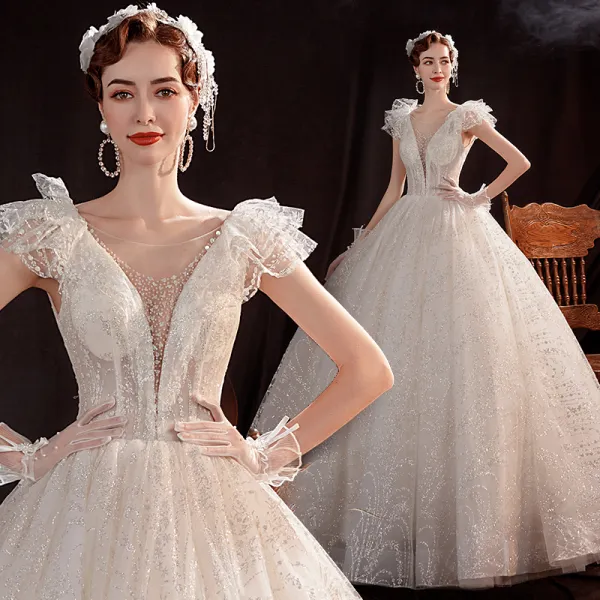 Affordable Ivory Wedding Dresses 2021 Ball Gown See-through Deep V-Neck Sleeveless Backless Beading Glitter Tulle Floor-Length / Long Ruffle