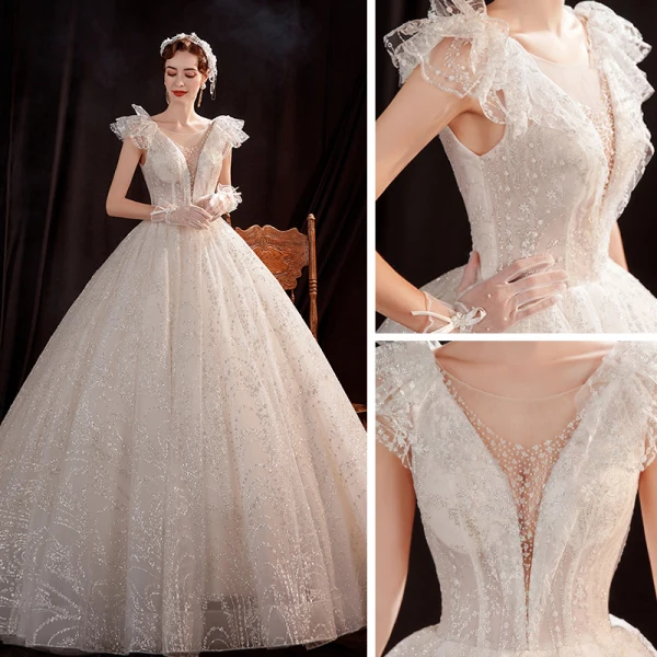 Abordable Ivoire Robe De Mariée 2021 Robe Boule Transparentes Col v profond Sans Manches Dos Nu Perlage Glitter Tulle Longue Volants