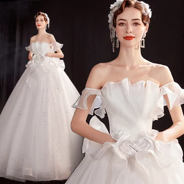 Abordable Blanche Organza Jardin Extérieur Robe De Mariée 2021 Robe Boule De L 039 Épaule Manches Courtes Dos Nu Glitter Tulle Longue Volants