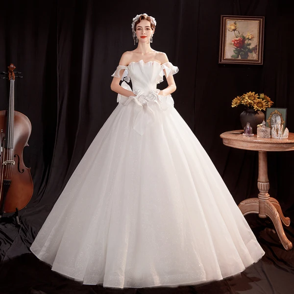 Affordable White Organza Outdoor / Garden Wedding Dresses 2021 Ball Gown Off-The-Shoulder Short Sleeve Backless Glitter Tulle Floor-Length / Long Ruffle