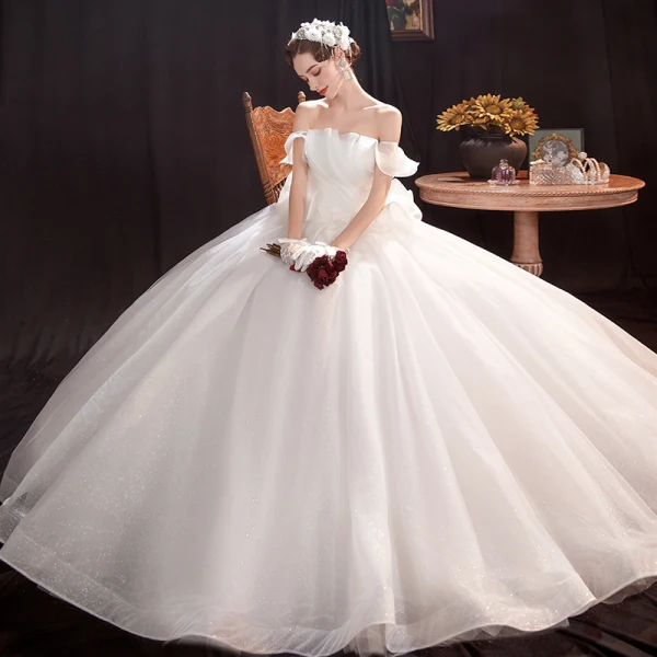 Affordable White Organza Outdoor / Garden Wedding Dresses 2021 Ball Gown Off-The-Shoulder Short Sleeve Backless Glitter Tulle Floor-Length / Long Ruffle