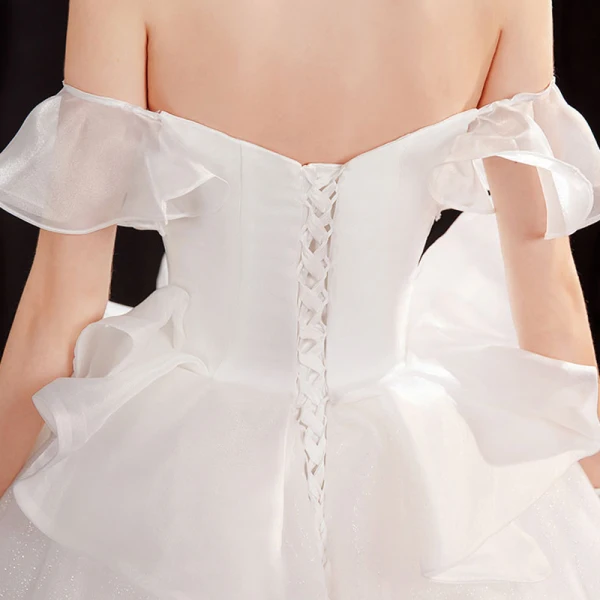 Affordable White Organza Outdoor / Garden Wedding Dresses 2021 Ball Gown Off-The-Shoulder Short Sleeve Backless Glitter Tulle Floor-Length / Long Ruffle