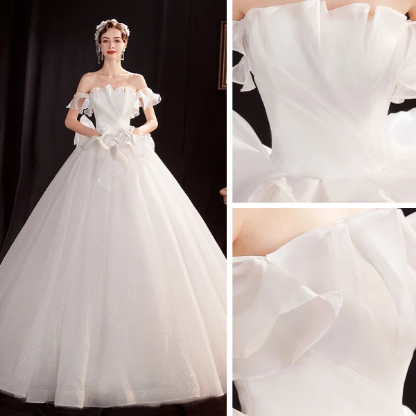 Affordable White Organza Outdoor / Garden Wedding Dresses 2021 Ball Gown Off-The-Shoulder Short Sleeve Backless Glitter Tulle Floor-Length / Long Ruffle