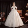 Affordable Champagne Outdoor / Garden Wedding Dresses 2021 Ball Gown Off-The-Shoulder Short Sleeve Backless Beading Glitter Tulle Floor-Length / Long Ruffle