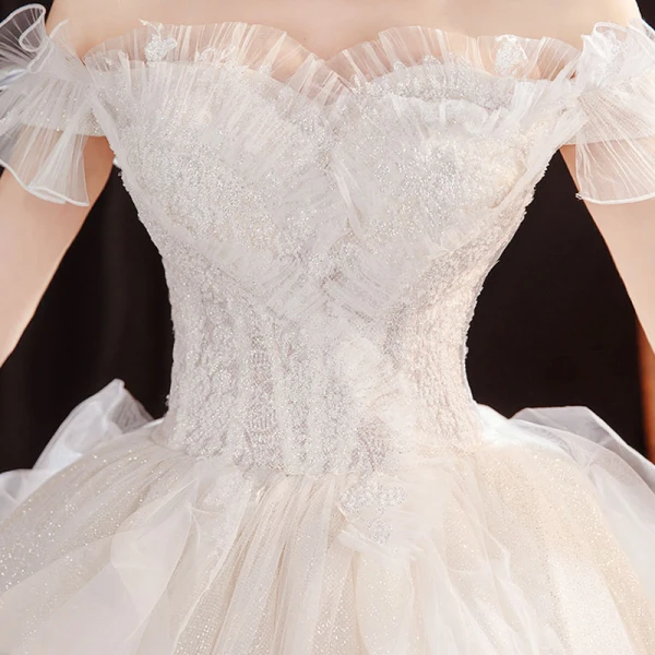 Affordable Champagne Outdoor / Garden Wedding Dresses 2021 Ball Gown Off-The-Shoulder Short Sleeve Backless Beading Glitter Tulle Floor-Length / Long Ruffle