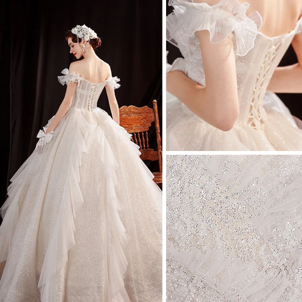 Affordable Champagne Outdoor / Garden Wedding Dresses 2021 Ball Gown Off-The-Shoulder Short Sleeve Backless Beading Glitter Tulle Floor-Length / Long Ruffle