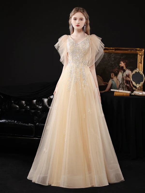 Chic / Belle Champagne Dansant Robe De Bal 2021 Princesse V-Cou Sans Manches Perlage Paillettes Glitter Tulle Longue Volants Dos Nu Robe De Ceremonie