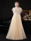 Chic / Belle Champagne Dansant Robe De Bal 2021 Princesse V-Cou Sans Manches Perlage Paillettes Glitter Tulle Longue Volants Dos Nu Robe De Ceremonie