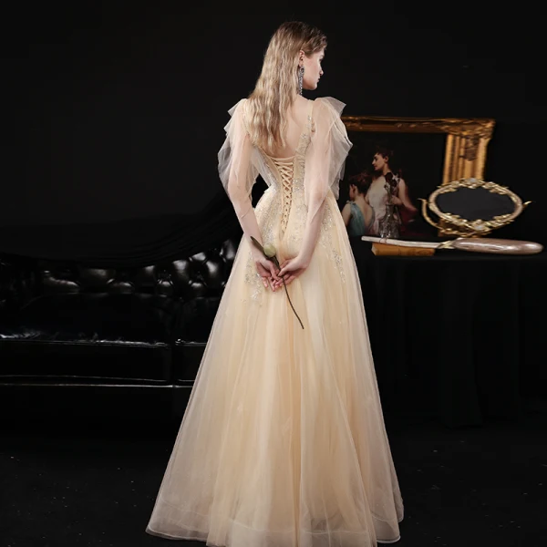 Chic / Belle Champagne Dansant Robe De Bal 2021 Princesse V-Cou Sans Manches Perlage Paillettes Glitter Tulle Longue Volants Dos Nu Robe De Ceremonie
