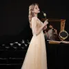 Chic / Beautiful Champagne Dancing Prom Dresses 2021 A-Line / Princess V-Neck Sleeveless Beading Sequins Glitter Tulle Floor-Length / Long Ruffle Backless Formal Dresses