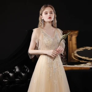 Chic Beautiful Champagne Dancing Prom Dresses 2021 A Line Princess V Neck Sleeveless Beading Sequins Glitter Tulle Floor Length Long Ruffle Backless Formal Dresses