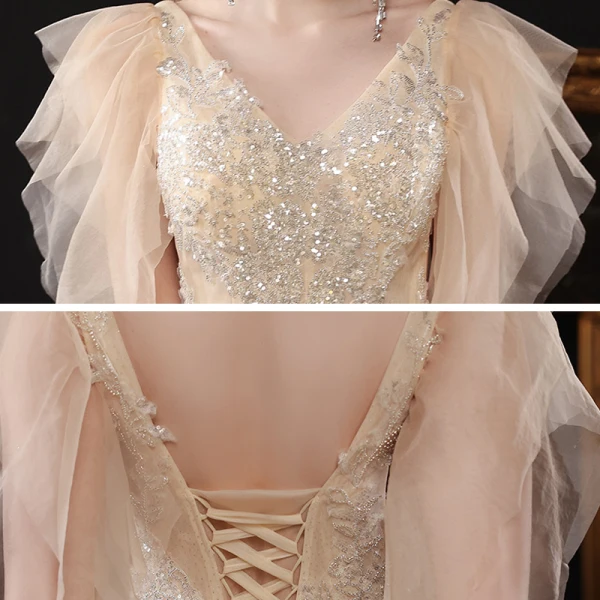 Chic / Belle Champagne Dansant Robe De Bal 2021 Princesse V-Cou Sans Manches Perlage Paillettes Glitter Tulle Longue Volants Dos Nu Robe De Ceremonie