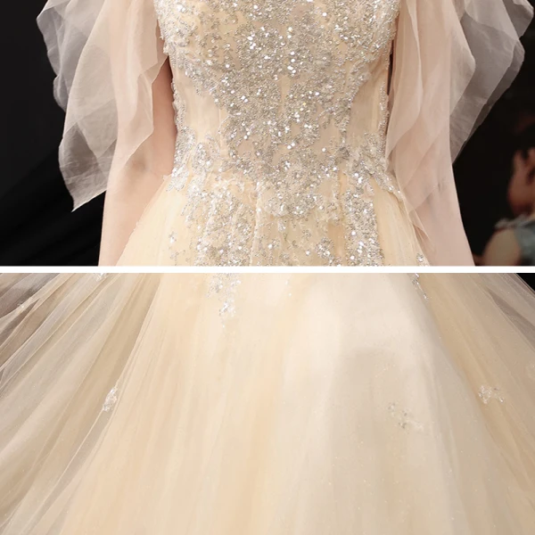 Chic / Belle Champagne Dansant Robe De Bal 2021 Princesse V-Cou Sans Manches Perlage Paillettes Glitter Tulle Longue Volants Dos Nu Robe De Ceremonie