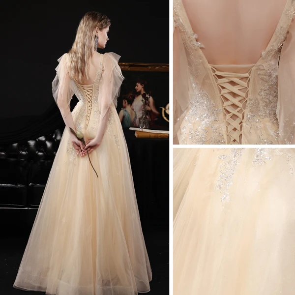 Chic / Belle Champagne Dansant Robe De Bal 2021 Princesse V-Cou Sans Manches Perlage Paillettes Glitter Tulle Longue Volants Dos Nu Robe De Ceremonie