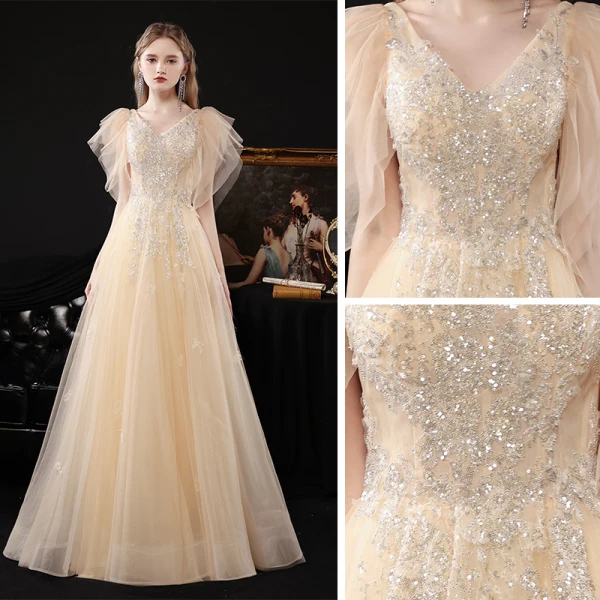 Chic / Belle Champagne Dansant Robe De Bal 2021 Princesse V-Cou Sans Manches Perlage Paillettes Glitter Tulle Longue Volants Dos Nu Robe De Ceremonie