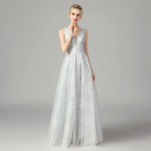 Affordable Grey Lace Dancing Prom Dresses 2021 A Line Princess Deep V Neck Sleeveless Floor Length Long Ruffle Backless Formal Dresses