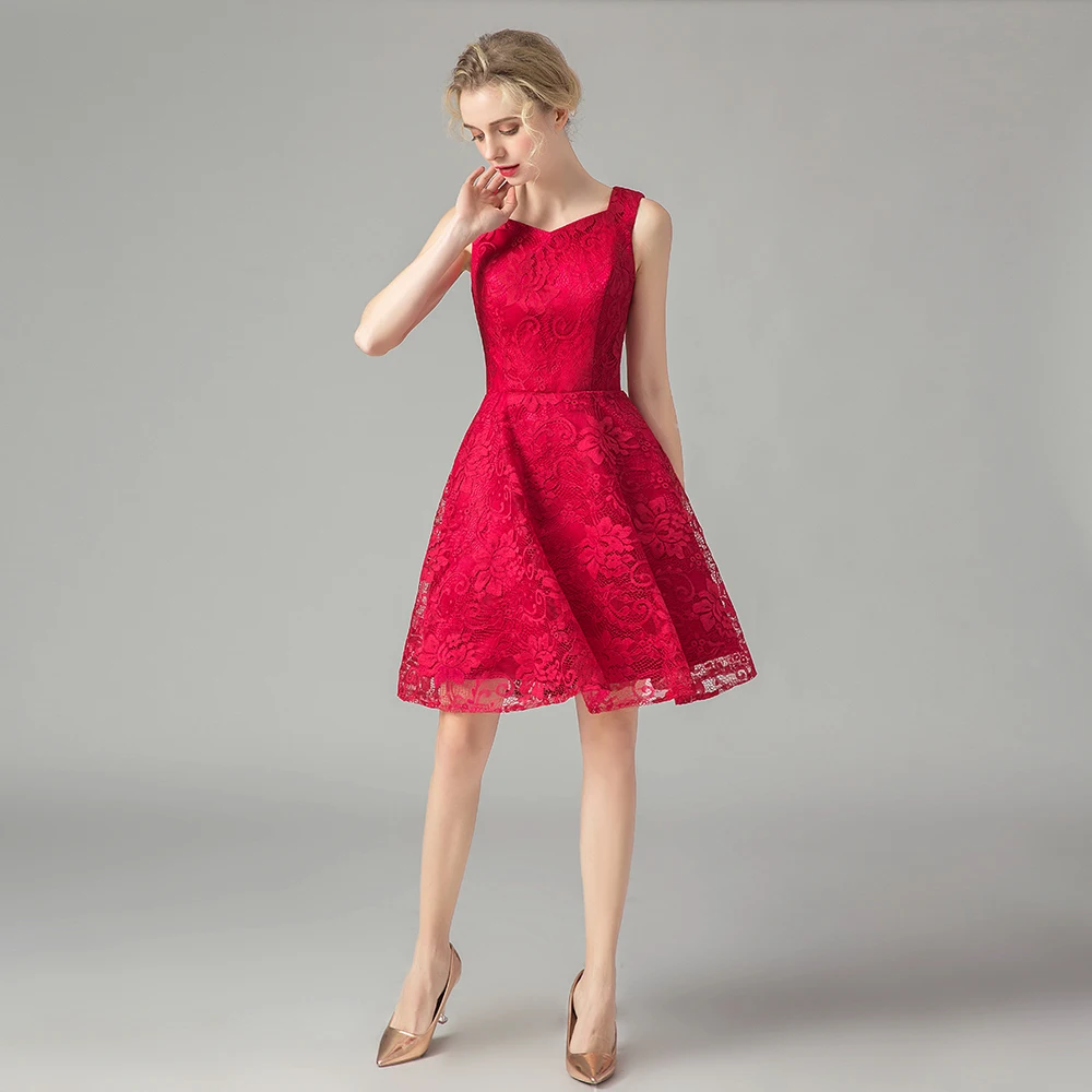 knee length dresses for ladies Mermaid Strapless Red Lace Short Prom Dress, Red Lace Homecoming Dress –  abcprom main image 0