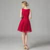 Chic / Beautiful Red Lace Homecoming Graduation Dresses 2021 A-Line / Princess Short Sleeve Square Neckline Short Ruffle Formal Dresses