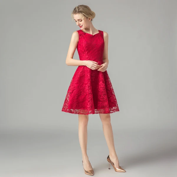Chic / Beautiful Red Lace Homecoming Graduation Dresses 2021 A-Line / Princess Short Sleeve Square Neckline Short Ruffle Formal Dresses