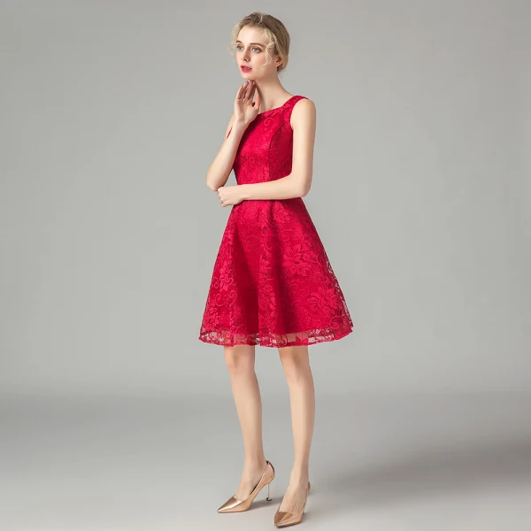 Chic / Beautiful Red Lace Homecoming Graduation Dresses 2021 A-Line / Princess Short Sleeve Square Neckline Short Ruffle Formal Dresses