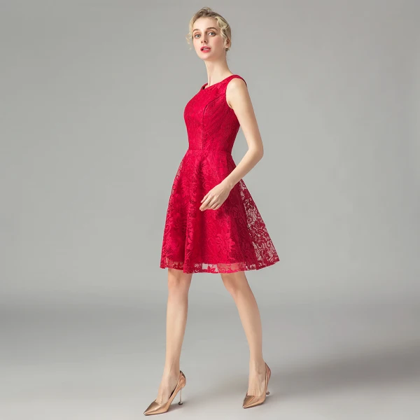 Chic / Beautiful Red Lace Homecoming Graduation Dresses 2021 A-Line / Princess Short Sleeve Square Neckline Short Ruffle Formal Dresses