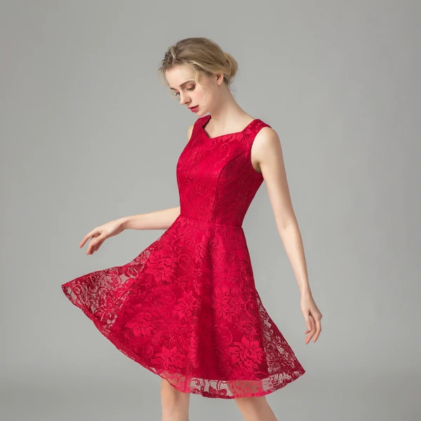 Chic / Beautiful Red Lace Homecoming Graduation Dresses 2021 A-Line / Princess Short Sleeve Square Neckline Short Ruffle Formal Dresses