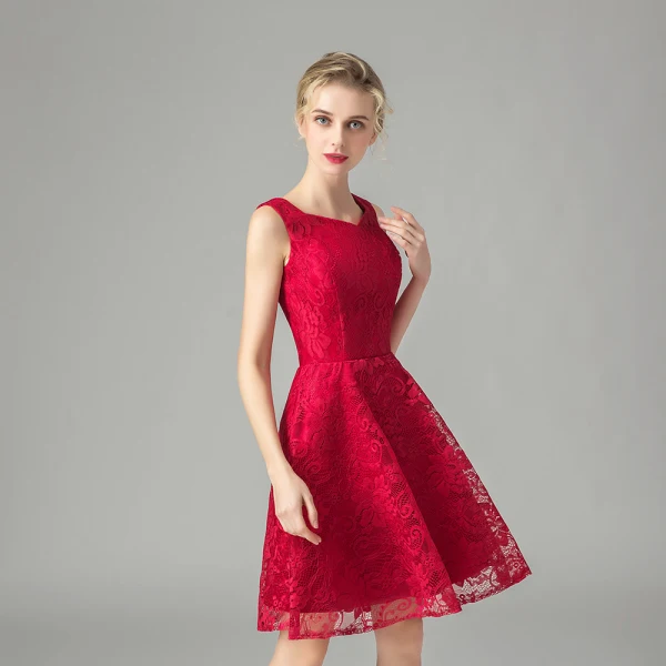 Chic / Beautiful Red Lace Homecoming Graduation Dresses 2021 A-Line / Princess Short Sleeve Square Neckline Short Ruffle Formal Dresses
