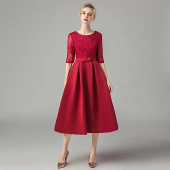 Affordable Burgundy Lace Homecoming Graduation Dresses 2021 A Line Princess Scoop Neck Sleeveless Bow Sash Tea Length Ruffle Formal Dresses