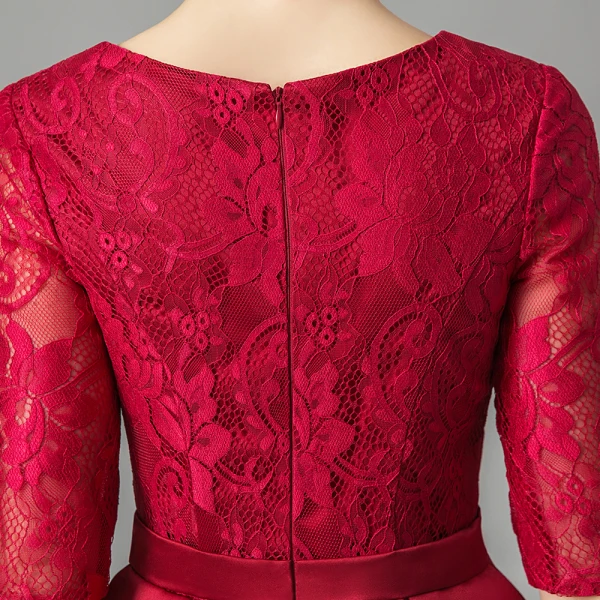 Affordable Burgundy Lace Homecoming Graduation Dresses 2021 A-Line / Princess Scoop Neck Sleeveless Bow Sash Tea-length Ruffle Formal Dresses