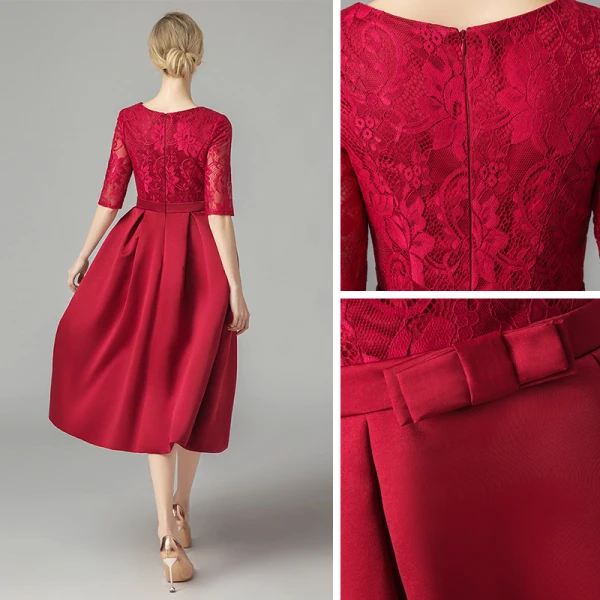 Affordable Burgundy Lace Homecoming Graduation Dresses 2021 A-Line / Princess Scoop Neck Sleeveless Bow Sash Tea-length Ruffle Formal Dresses