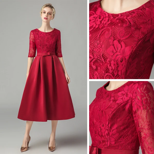 Affordable Burgundy Lace Homecoming Graduation Dresses 2021 A-Line / Princess Scoop Neck Sleeveless Bow Sash Tea-length Ruffle Formal Dresses