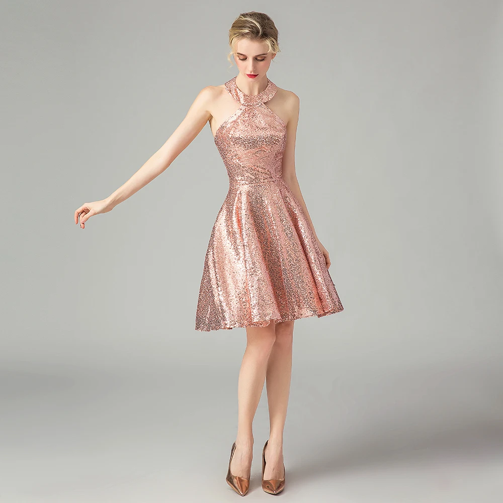 slim fit dress slacks Macloth Straps V Neck High Low Sequin Chiffon Bridesmaid Dress Rose Gold Wedding Party Dress Rose Gold / Above Knee / Custom Size main image 1