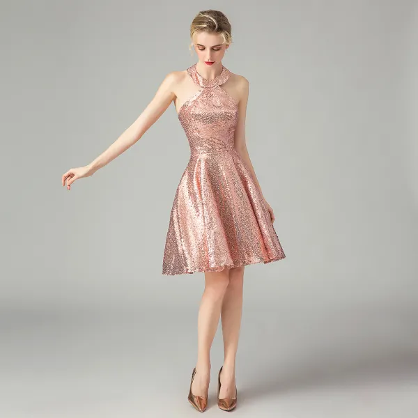 Sparkly Rose Gold Sequins Party Dresses 2021 A-Line / Princess Halter Sleeveless Short Ruffle Backless Formal Dresses