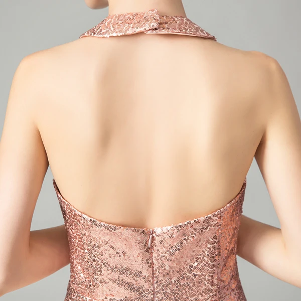 Glitzernden Rose Gold Pailletten Partykleider 2021 A Linie Neckholder Ärmellos Kurze Rüschen Rückenfreies Festliche Kleider
