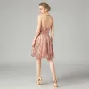Sparkly Rose Gold Sequins Party Dresses 2021 A-Line / Princess Halter Sleeveless Short Ruffle Backless Formal Dresses