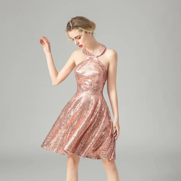 Glitzernden Rose Gold Pailletten Partykleider 2021 A Linie Neckholder Ärmellos Kurze Rüschen Rückenfreies Festliche Kleider
