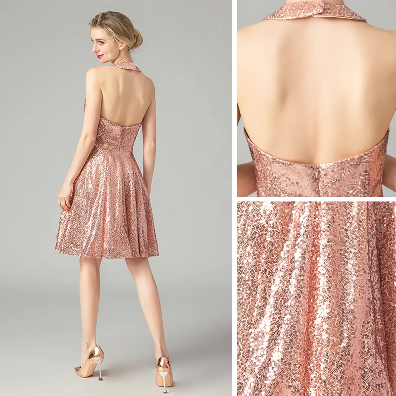 Sparkly Rose Gold Sequins Party Dresses 2021 A Line Princess Halter  Sleeveless Short Ruffle Backless Formal Dresses