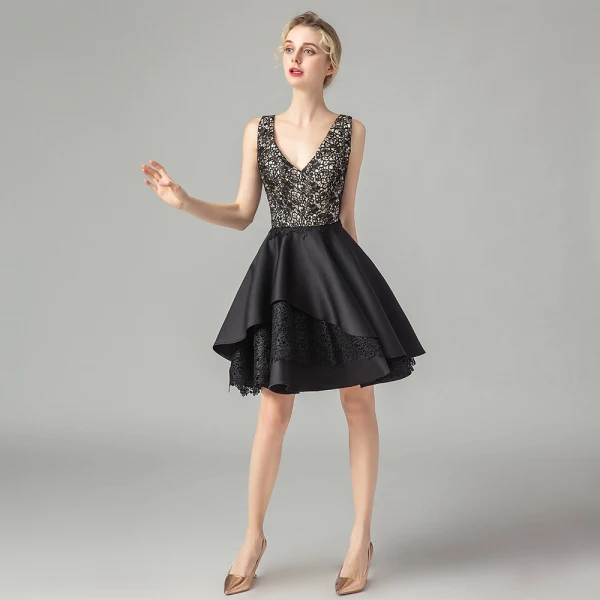 Fashion Black Lace Party Dresses 2021 A-Line / Princess Deep V-Neck Sleeveless Short Ruffle Backless Formal Dresses