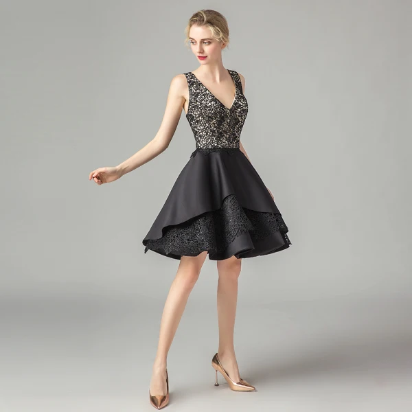 Fashion Black Lace Party Dresses 2021 A-Line / Princess Deep V-Neck Sleeveless Short Ruffle Backless Formal Dresses
