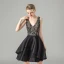 Fashion Black Lace Party Dresses 2021 A-Line / Princess Deep V-Neck Sleeveless Short Ruffle Backless Formal Dresses