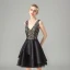 Fashion Black Lace Party Dresses 2021 A-Line / Princess Deep V-Neck Sleeveless Short Ruffle Backless Formal Dresses